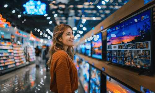 Mur d'écrans montrant des chaînes TV internationales disponibles via IPTV